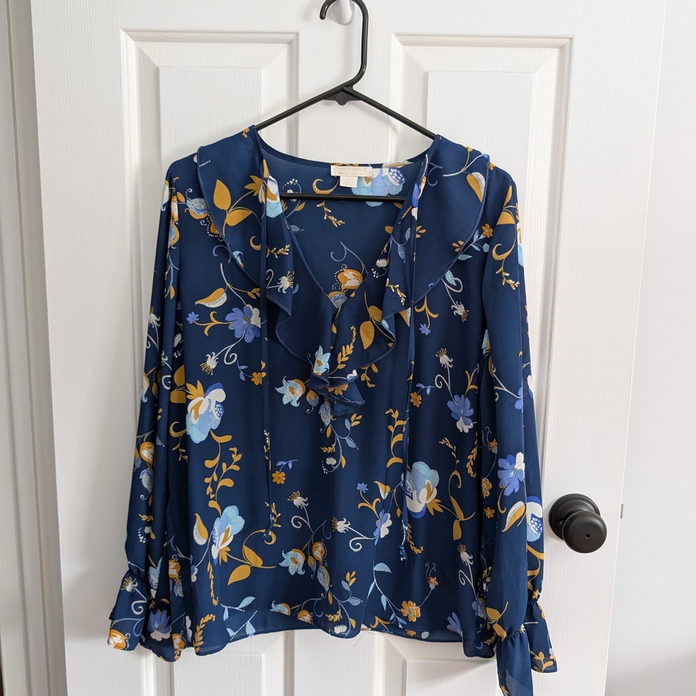 Finn & Grace Women's Navy Floral Long Sleeve Blouse Large